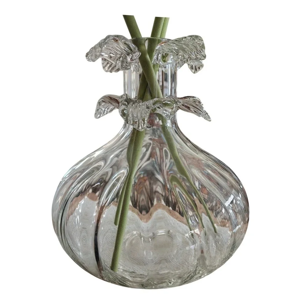 Clear Ribbed Glass Bud Vase with Ruffled Collar and Faux Pink Poppy Flowers